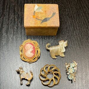 Lot of 5 Vintage to Modern Gold Tone Brooches + Inlaid Stone Trinket Jewelry Box